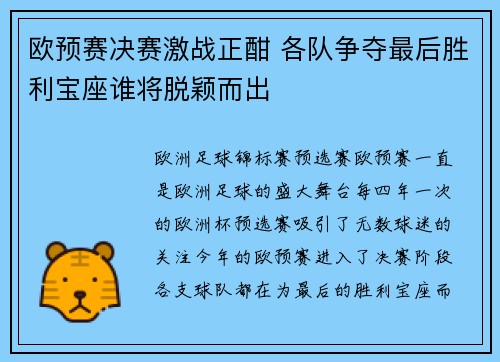 欧预赛决赛激战正酣 各队争夺最后胜利宝座谁将脱颖而出
